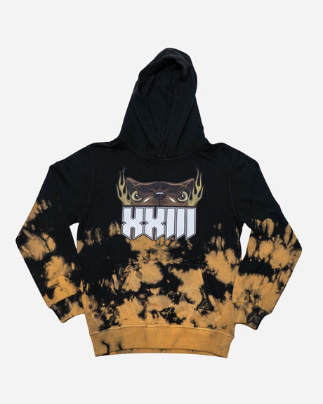 The PRE-ORDER 2026 Exclusive Tie Dye Line-Up Hoodie from Download Festival Shop features black and yellow tie-dye, bold animal eyes above XXIII, and yellow flames—a must-have collector’s piece for festival fans.