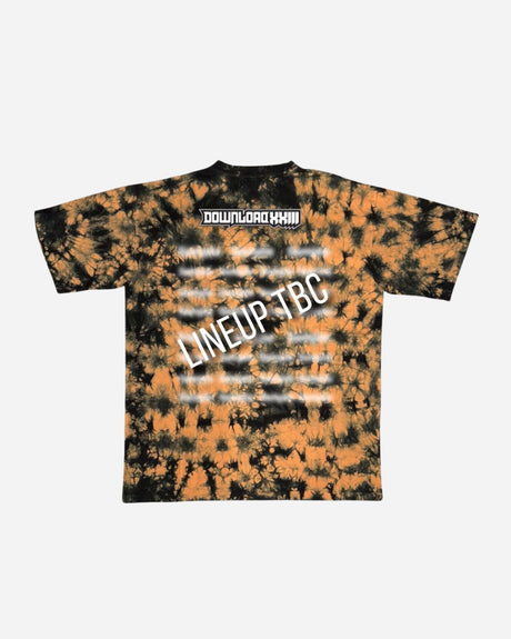 The PRE-ORDER 2026 Exclusive Tie Dye Line-Up T-Shirt from Download Festival Shop features a black and orange design with DOWNLOAD XXIII on front and bold white LINEUP TBC across the back, plus partially visible text below.
