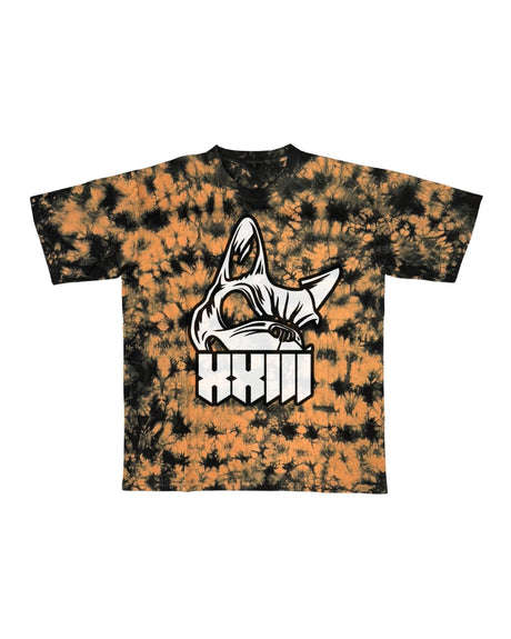 The PRE-ORDER 2026 Exclusive Tie Dye Line-Up T-Shirt from Download Festival Shop features a bold black and orange design with a striking dog’s head graphic and XXIII lettering—ideal for standout festival style.