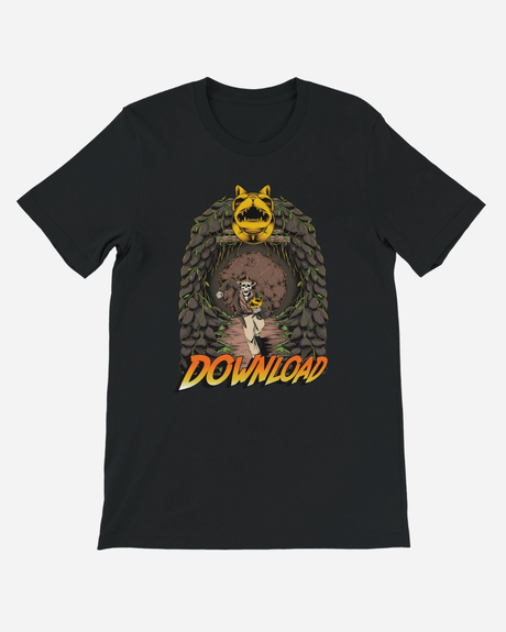 Black t-shirt with a graphic design and 'Download' text on a white background