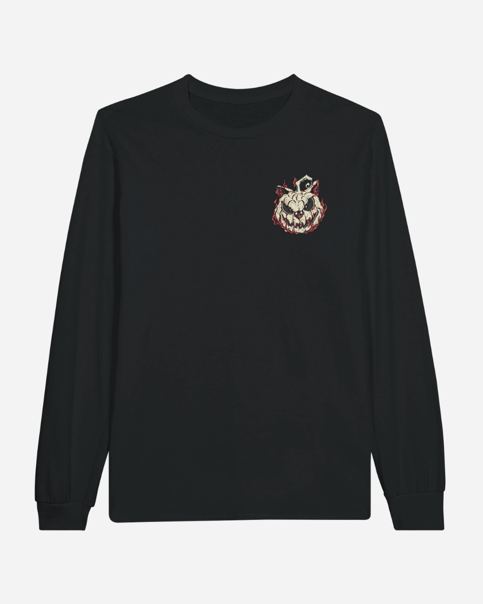 The Download Admit One Soul Black Long-Sleeve T-Shirt from Download Festival Shop features a small graphic of a grinning, jagged-toothed pumpkin wearing a hat on the left chest. This comfortable and casual shirt is perfect for effortless style and cozy all-day wear.