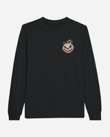 The Download Admit One Soul Black Long-Sleeve T-Shirt from Download Festival Shop features a small graphic of a grinning, jagged-toothed pumpkin wearing a hat on the left chest. This comfortable and casual shirt is perfect for effortless style and cozy all-day wear.