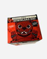 A box labeled Hand Made by Robots Download Vinyl Dog from Download 2026 features a cartoon red dog with sharp teeth and studded bracelets; the box displays the hand-knit style vinyl figure and is officially licensed.