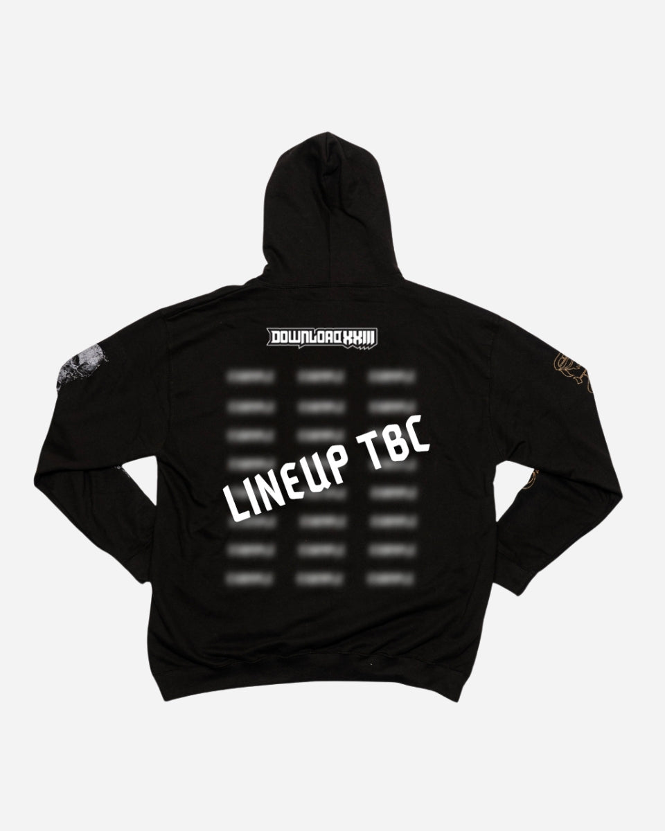 The PRE-ORDER 2026 Exclusive Line-Up Hoodie from Download Festival Shop features DOWNLOAD XXIII on the front and bold "LINEUP TBC" text on the back, with blurred details, making it a must-have black Collector’s Edition for fans.