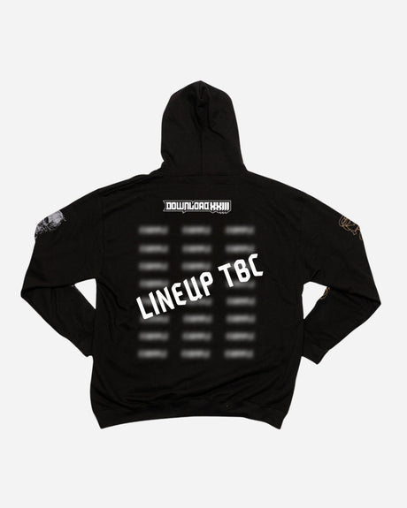 The PRE-ORDER 2026 Exclusive Line-Up Hoodie from Download Festival Shop features DOWNLOAD XXIII on the front and bold "LINEUP TBC" text on the back, with blurred details, making it a must-have black Collector’s Edition for fans.