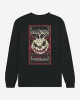 The Download Admit One Soul Black Long-Sleeve T-Shirt from the Download Festival Shop is a unisex black longsleeve tee featuring a Halloween-themed flaming skull graphic and bold red, white, and green text that reads HALLOWEEN, ADMIT ONE SOUL, DOWNLOAD, and NO RETURN. Combining comfortable casual wear with spooky style, this classic long-sleeve shirt is perfect for anyone wanting to add an edgy vibe to their wardrobe.