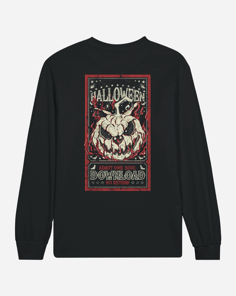 The Download Admit One Soul Black Long-Sleeve T-Shirt from the Download Festival Shop is a unisex black longsleeve tee featuring a Halloween-themed flaming skull graphic and bold red, white, and green text that reads HALLOWEEN, ADMIT ONE SOUL, DOWNLOAD, and NO RETURN. Combining comfortable casual wear with spooky style, this classic long-sleeve shirt is perfect for anyone wanting to add an edgy vibe to their wardrobe.