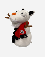 The Download 2026 Download Snowdog Plush features black ears, an orange nose, black button eyes, a red scarf with a DL patch, brown stick arms, and a stitched-toothy smile.