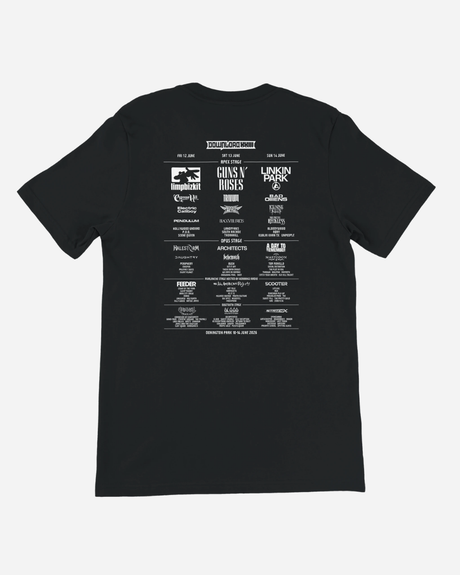 Black t-shirt with white text on the back on a white background