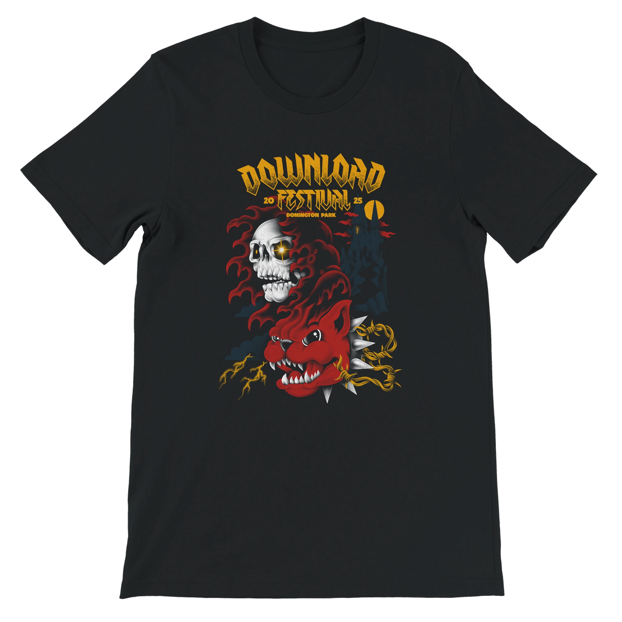 The Download Festival Shop’s Download Castle 2025 Line-Up T Shirt is a black tee made from 100% Airlume combed cotton using eco-friendly processes, featuring bold yellow text, a white skull, red beast, smoke, and lightning.