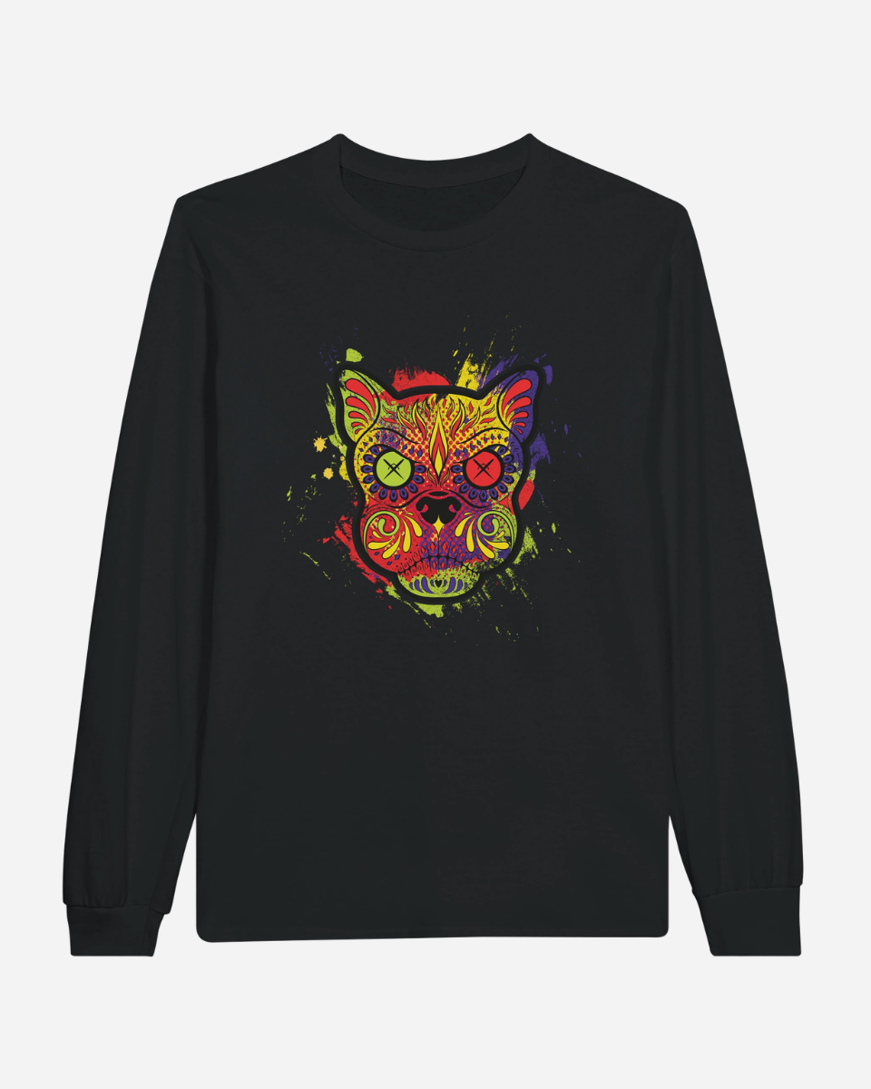 The Download Day of The Dead Black Long-Sleeve T-Shirt from Download Festival Shop showcases a vibrant, abstract cat face adorned with intricate patterns and bold splashes of yellow, red, purple, and green. This comfortable unisex tee combines standout style with versatile casual appeal for any wardrobe.
