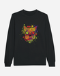 The Download Day of The Dead Black Long-Sleeve T-Shirt from Download Festival Shop showcases a vibrant, abstract cat face adorned with intricate patterns and bold splashes of yellow, red, purple, and green. This comfortable unisex tee combines standout style with versatile casual appeal for any wardrobe.