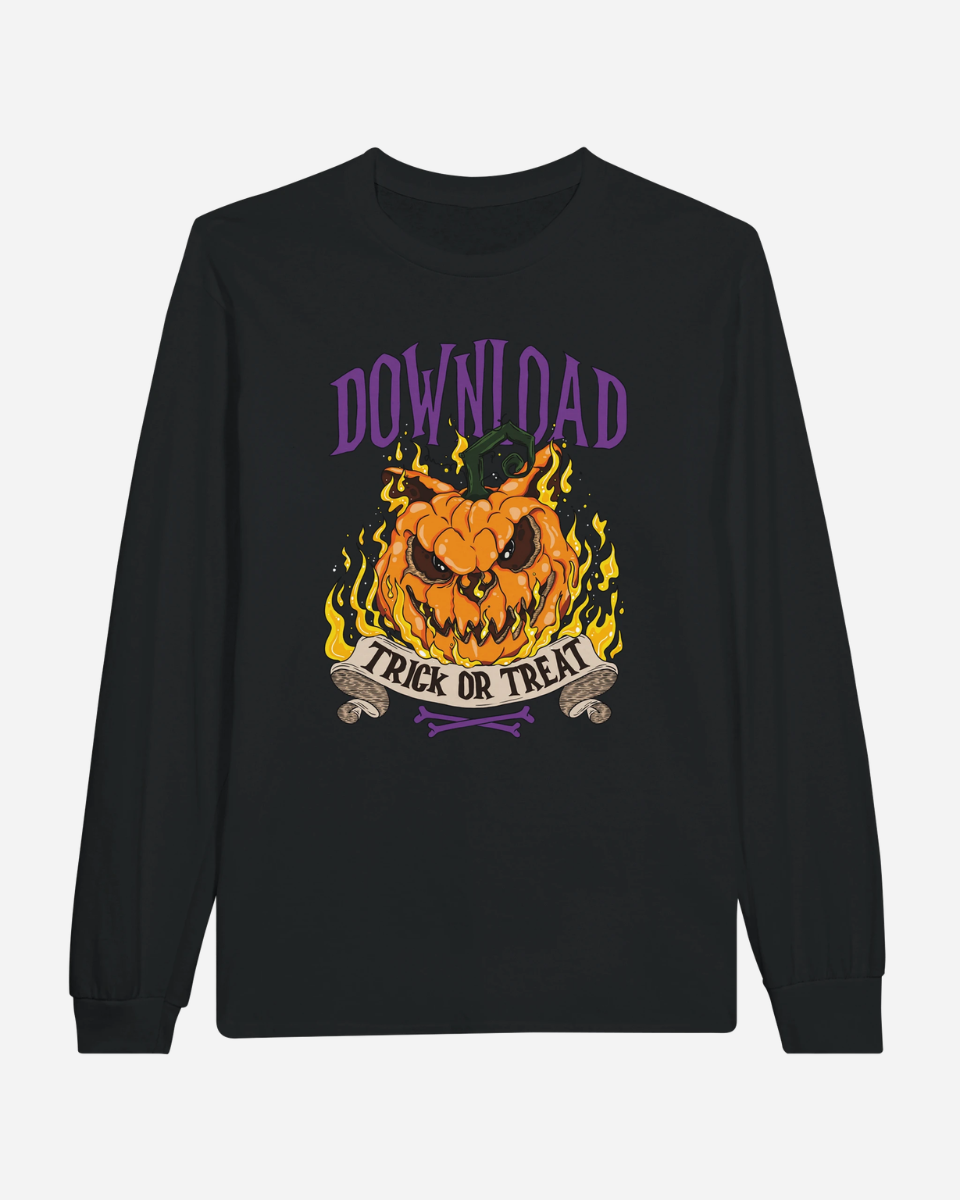 The Download Festival Shop’s Download Trick or Treat Black Long-Sleeve T-Shirt features a graphic of a flaming jack-o-lantern, bold purple “DOWNLOAD” text, and a “TRICK OR TREAT” banner. This unisex shirt is perfect for anyone seeking comfortable, casual style with standout Halloween flair.