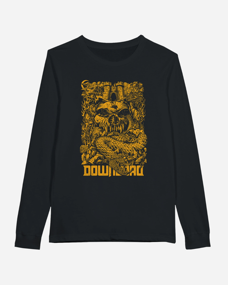 Black long-sleeve shirt with yellow graphic design and 'Download' text on a white background