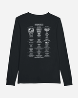 Black long-sleeve shirt with white graphic design on a white background