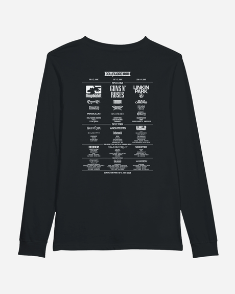Black long-sleeve shirt with white graphic design on a white background