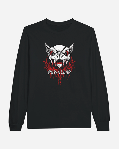 The Download Vampire Black Long-Sleeve T-Shirt from Download Festival Shop features a striking stylized dog’s head with red eyes, fangs, and blood on breathable black fabric. This unisex classic fit shirt also displays the word DOWNLOAD below in white lettering with a bold red dripping effect that evokes blood or flames.