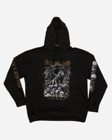 The PRE-ORDER 2026 Exclusive Line-Up Hoodie from Download Festival Shop is a black hoodie featuring gothic skeleton and skull artwork on the front and sleeves, with "Day N Night" in stylized gold lettering above the central design.