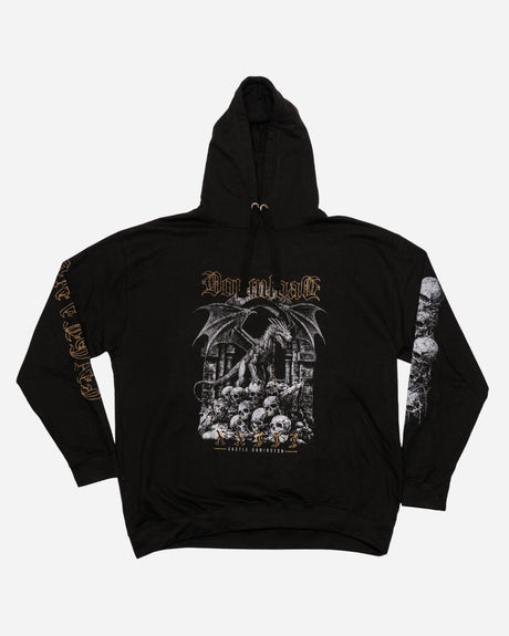 The PRE-ORDER 2026 Exclusive Line-Up Hoodie from Download Festival Shop is a black hoodie featuring gothic skeleton and skull artwork on the front and sleeves, with "Day N Night" in stylized gold lettering above the central design.