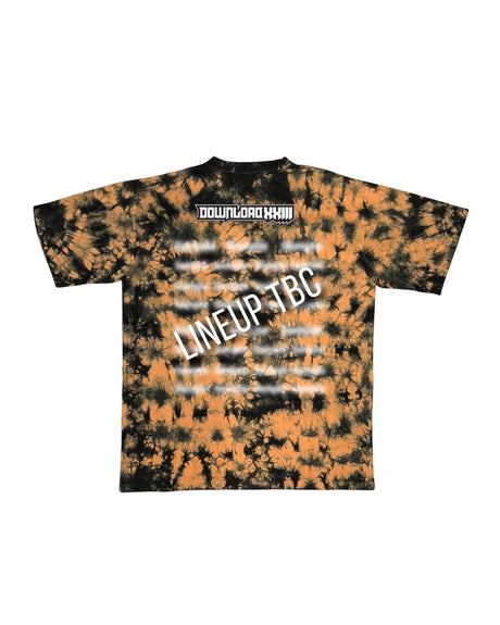 Pre-order the 2026 Exclusive Tie Dye Line-Up T-Shirt from Download Festival Shop—black and orange tie-dye, DOWNLOAD XXIII at the top, and LINEUP TBC on the back. The perfect collector’s edition for fans.