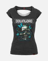 The Barbed Butterfly T-Shirt by 2025 features DOWNLOAD in bold white above a silver skull and blue butterflies. A cut-out design below the neckline adds flair. Available in XS–XL—see our size guide for your perfect fit.