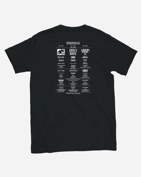Black t-shirt with white text on the back against a white background