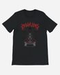 The Blood Fountain Black T-Shirt from Download Festival Shop features a red and white demonic figure with spiked wings atop a throne, bold “DOWNLINK” text, and vivid DTG-printed detail on eco-friendly Airlume combed cotton.