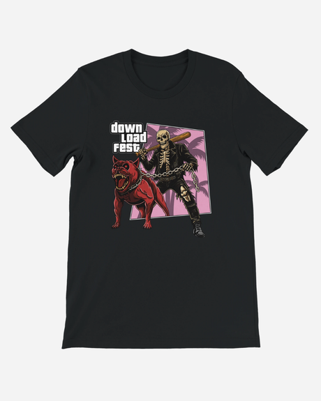 The Grand Fest Auto Black T-Shirt from Download Festival Shop features DTG-printed art of a skeleton in leather and a red dog on a pink palm background, with "Down Load Fest" text. Made from soft Airlume combed cotton.
