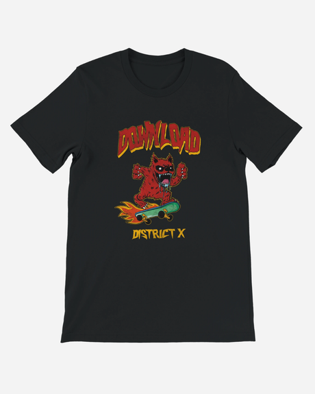 Black t-shirt with a colorful graphic design on a white background