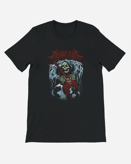 Black t-shirt with a graphic design of a skeleton holding a guitar and the word 'Familiare' on a white background.