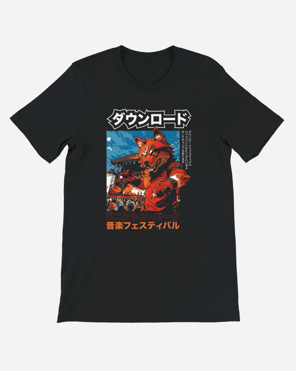 Black t-shirt with a graphic design featuring a red fox and Japanese text on a white background