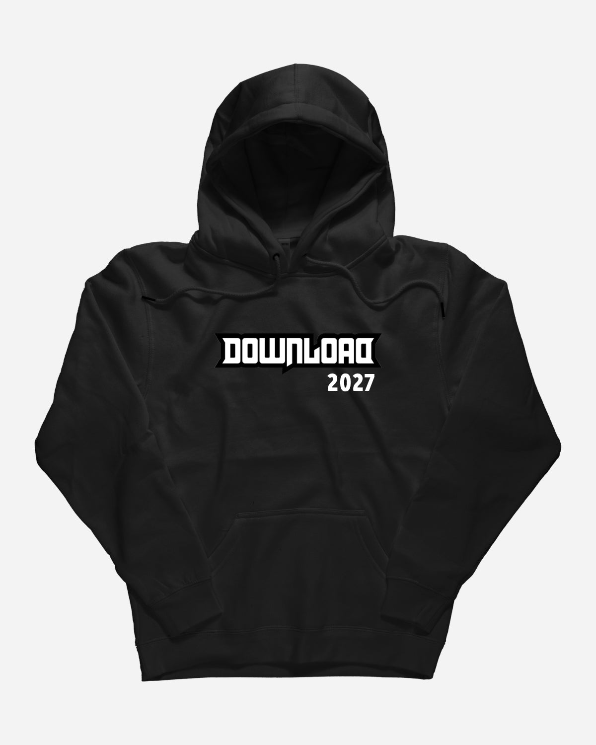 PRE-ORDER 2027 Line-Up Hoodie from Download Festival Shop. This black hoodie features a bold white "DOWNLOAD" with "2027" below, shown on a plain white background—ideal festival wear for standout style.