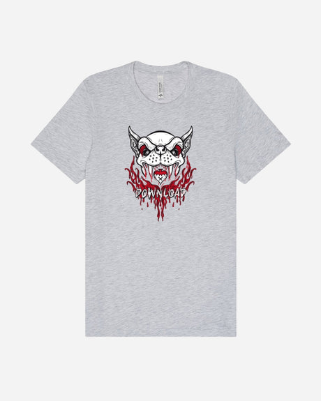 The Download Vampire Light Grey T-Shirt from Download Festival Shop features a cartoon bulldog in sunglasses with red flames and "DOWNLOAD"—crafted with eco-friendly DTG printing for vivid detail and long-lasting comfort.