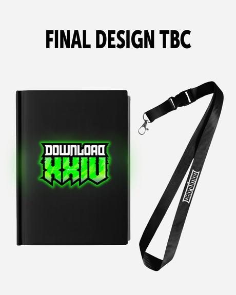 A black folder featuring a green Download XXII logo and a black lanyard are displayed as part of the PRE-ORDER 2027 Programme & Lanyard Pack from the Download Festival Shop. The text “FINAL DESIGN TBC” appears above.