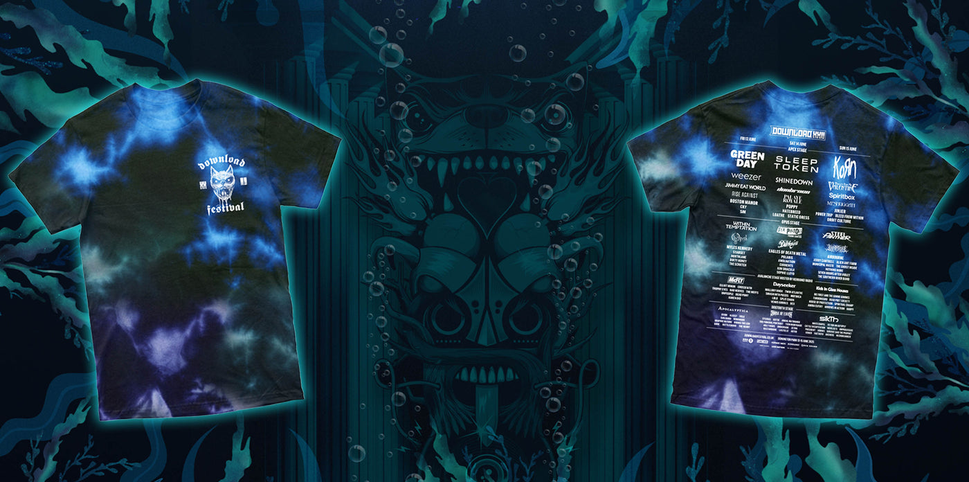 Download Festival Merchandise Banner showcasing a blue and black tie dye t-shirt with the 2025 Download Festival line-up print to back. The front of the t-shirt features a new Download dog graphic print with the festival number written as XXII.