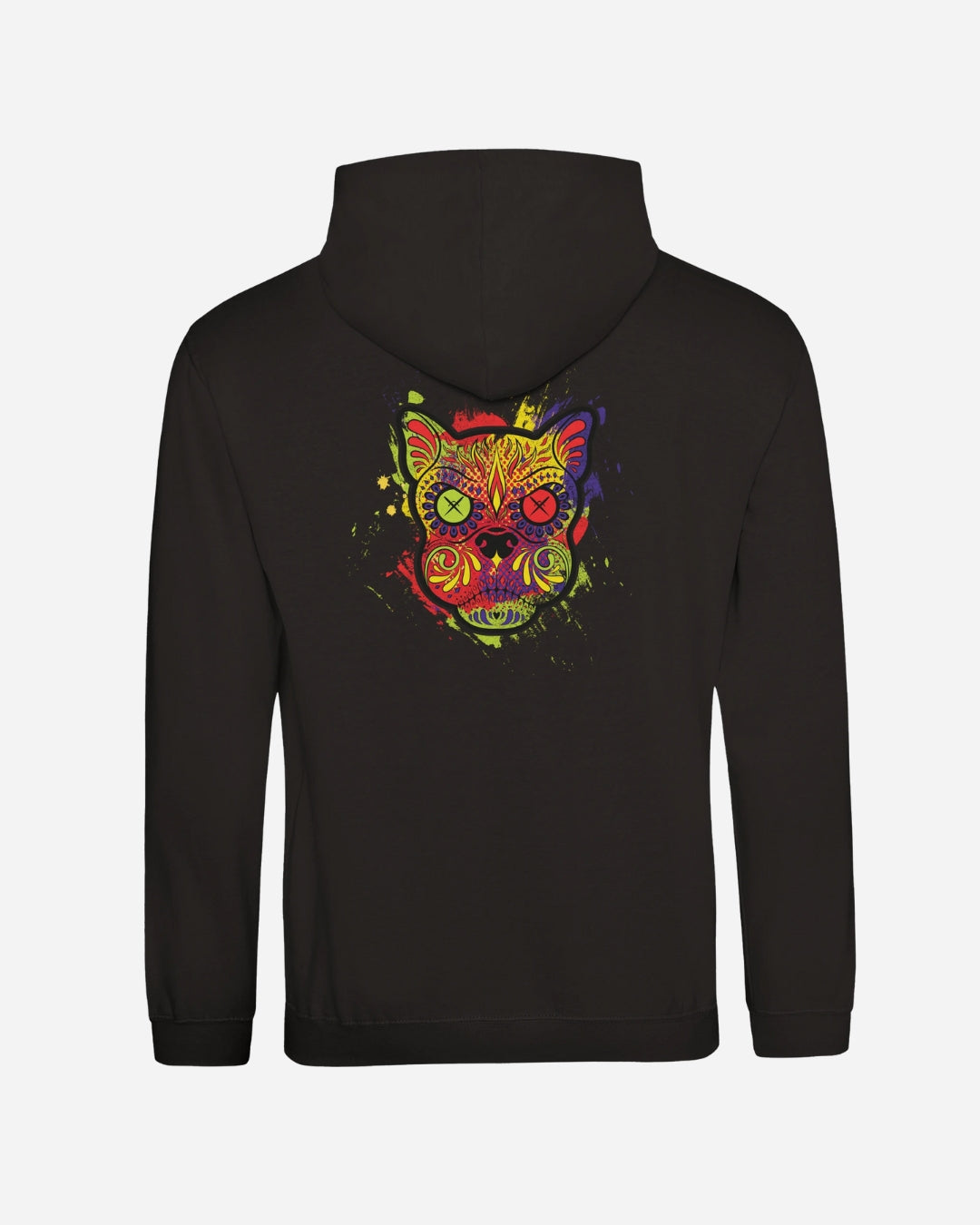 Back view of the Download Day Of The Dead Hoodie by Download Festival Shop, a comfy unisex ringspun cotton hoodie featuring a vibrant abstract cat face with neon colors and X-shaped eyes for an artistic, playful style.