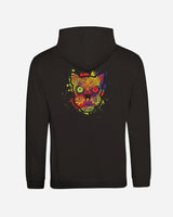 Back view of the Download Day Of The Dead Hoodie by Download Festival Shop, a comfy unisex ringspun cotton hoodie featuring a vibrant abstract cat face with neon colors and X-shaped eyes for an artistic, playful style.