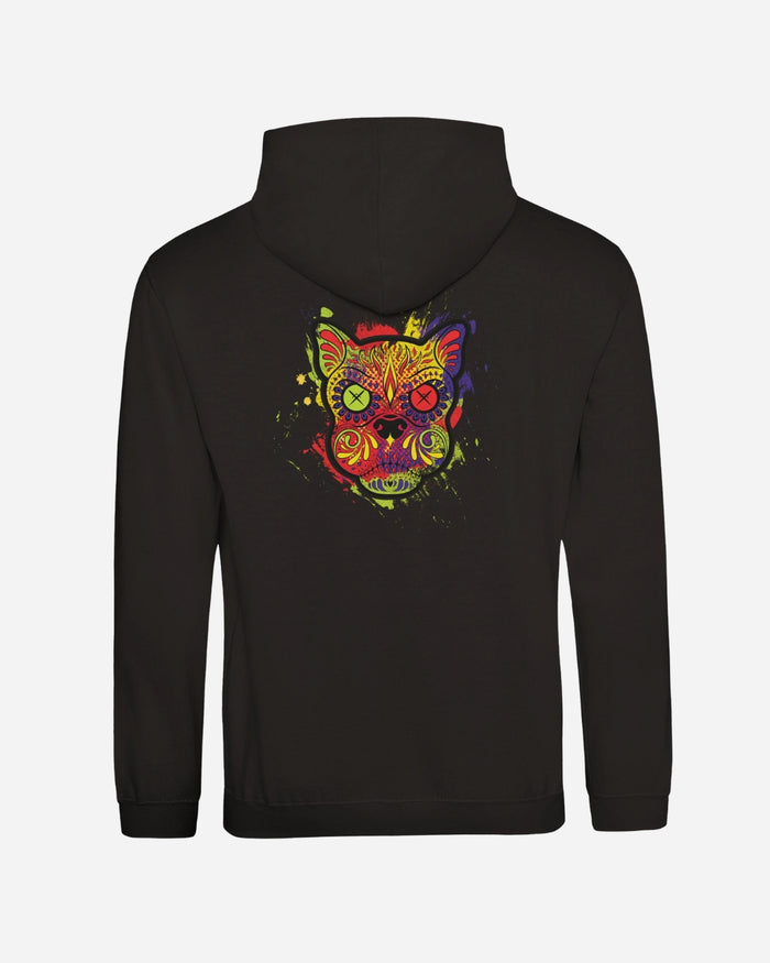 Back view of the Download Day Of The Dead Hoodie by Download Festival Shop, a comfy unisex ringspun cotton hoodie featuring a vibrant abstract cat face with neon colors and X-shaped eyes for an artistic, playful style.
