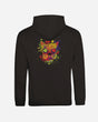 Back view of the Download Day Of The Dead Hoodie by Download Festival Shop, a comfy unisex ringspun cotton hoodie featuring a vibrant abstract cat face with neon colors and X-shaped eyes for an artistic, playful style.