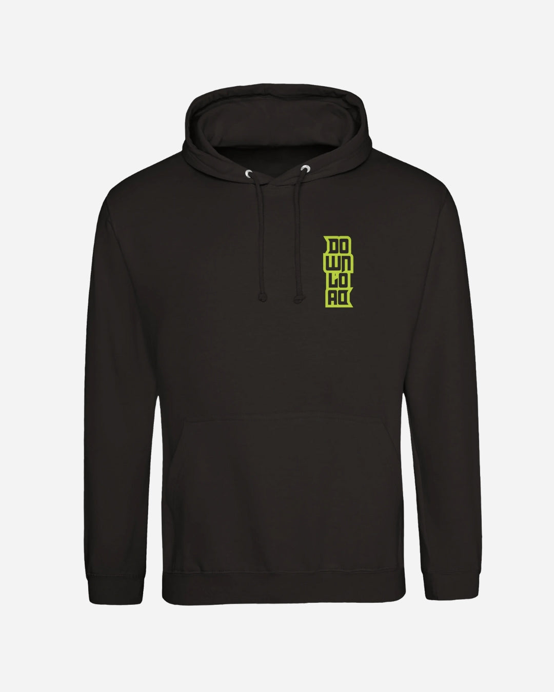 The Download Day Of The Dead Hoodie from Download Festival Shop is a black unisex hoodie with a front pocket, drawstring hood, ribbed cuffs and hem, and a small bright yellow-green geometric design on the left chest.
