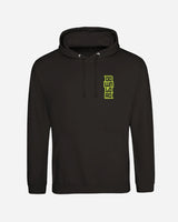 The Download Day Of The Dead Hoodie from Download Festival Shop is a black unisex hoodie with a front pocket, drawstring hood, ribbed cuffs and hem, and a small bright yellow-green geometric design on the left chest.