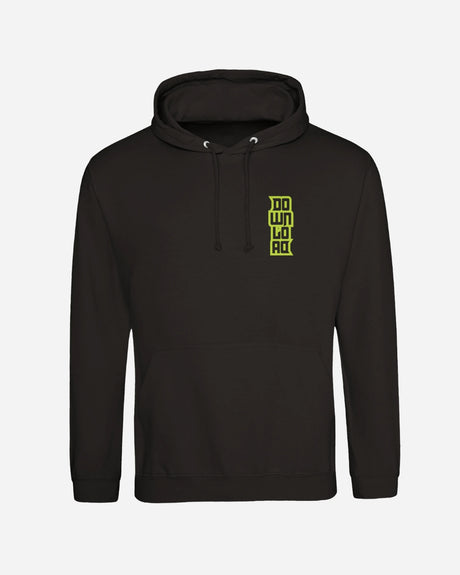 The Download Day Of The Dead Hoodie from Download Festival Shop is a black unisex hoodie with a front pocket, drawstring hood, ribbed cuffs and hem, and a small bright yellow-green geometric design on the left chest.