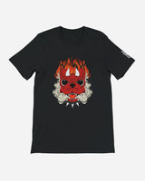 The Download Devil Dog T-Shirt from Download Festival Shop is a black unisex tee with a stylized red monster face, horns, spikes, flames, and smoke. Eco-friendly DTG printing and white left-sleeve text complete the design.