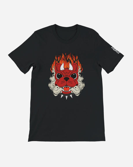The Download Devil Dog T-Shirt from Download Festival Shop is a black unisex tee with a stylized red monster face, horns, spikes, flames, and smoke. Eco-friendly DTG printing and white left-sleeve text complete the design.