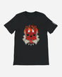 The Download Devil Dog T-Shirt from Download Festival Shop is a black unisex tee with a stylized red monster face, horns, spikes, flames, and smoke. Eco-friendly DTG printing and white left-sleeve text complete the design.