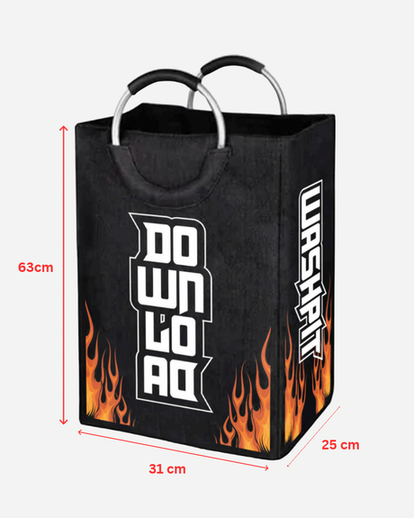 Wash Pit Laundry Bag, a black upright laundry bag with round handles and flame graphics, measuring 63cm H x 31cm W x 25cm D.