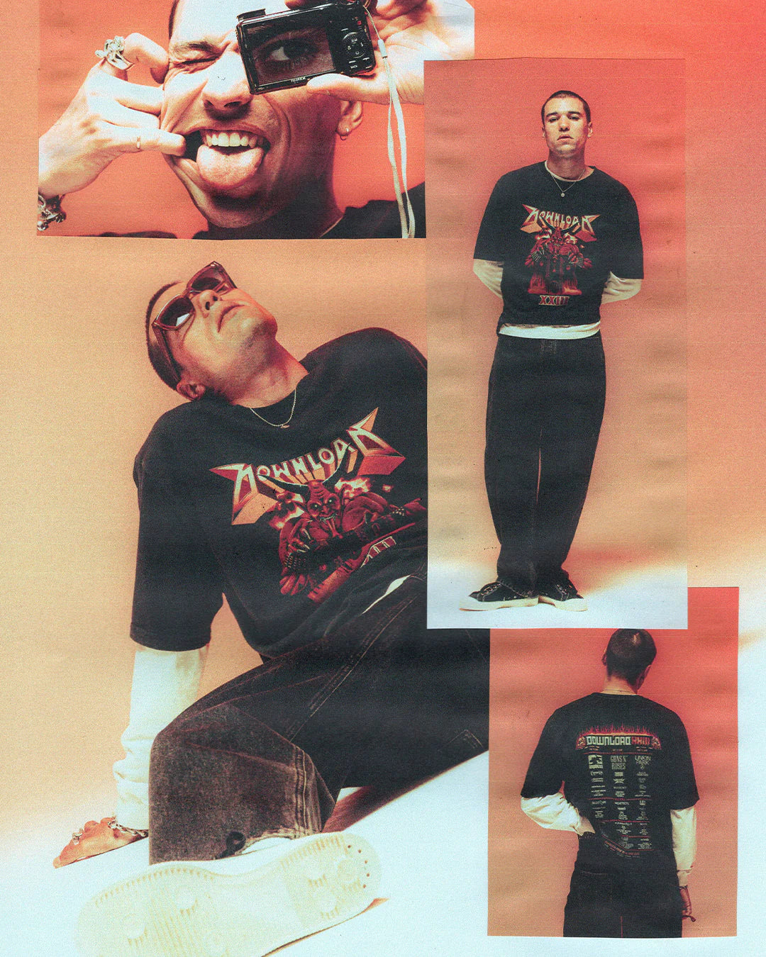 A collage shows a man in the P&Co Line Up T Shirt 2026 by 2026, layered over a white long-sleeve shirt with jeans. He stands, sits, and holds a camera to his mouth, showing off the t-shirt design and tour dates against an orange-beige backdrop.
