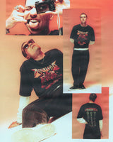 A collage shows a man in the P&Co Line Up T Shirt 2026 by 2026, layered over a white long-sleeve shirt with jeans. He stands, sits, and holds a camera to his mouth, showing off the t-shirt design and tour dates against an orange-beige backdrop.