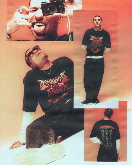 A collage shows a man in the P&Co Line Up T Shirt 2026 by 2026, layered over a white long-sleeve shirt with jeans. He stands, sits, and holds a camera to his mouth, showing off the t-shirt design and tour dates against an orange-beige backdrop.