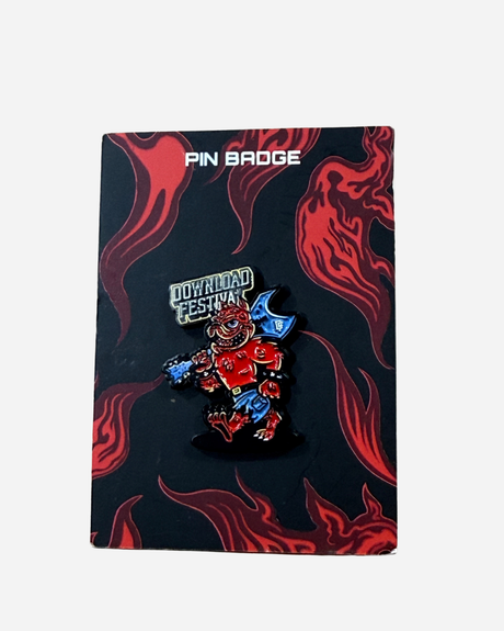 Download 2026 Pin Badge featuring a cartoon monster holding an axe and a Download Festival sign, displayed on a black card with red flame designs and “Pin Badge” written at the top.